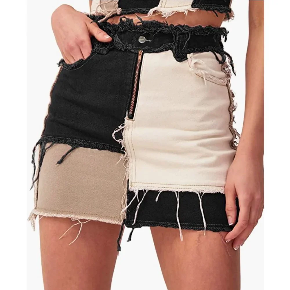 Sexy Black Colorblock Patchwork Denim Distressed Ripped‎ Mini Bodycon Jean Skirt